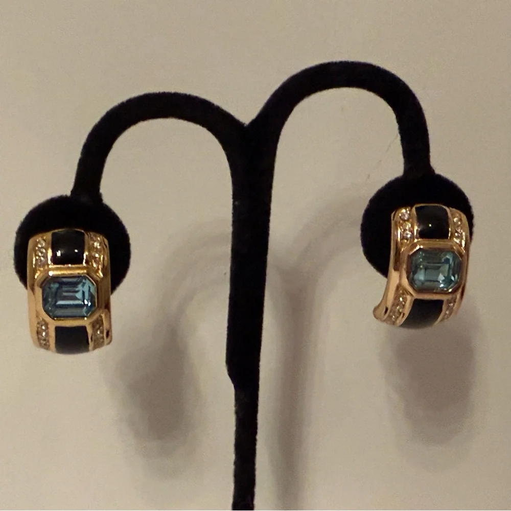 CHRISTIAN DIOR EARRINGS Unsigned BLACK ENAMEL BLUE CLEAR CRYSTALS HUGGIE POST - Picture 4 of 10